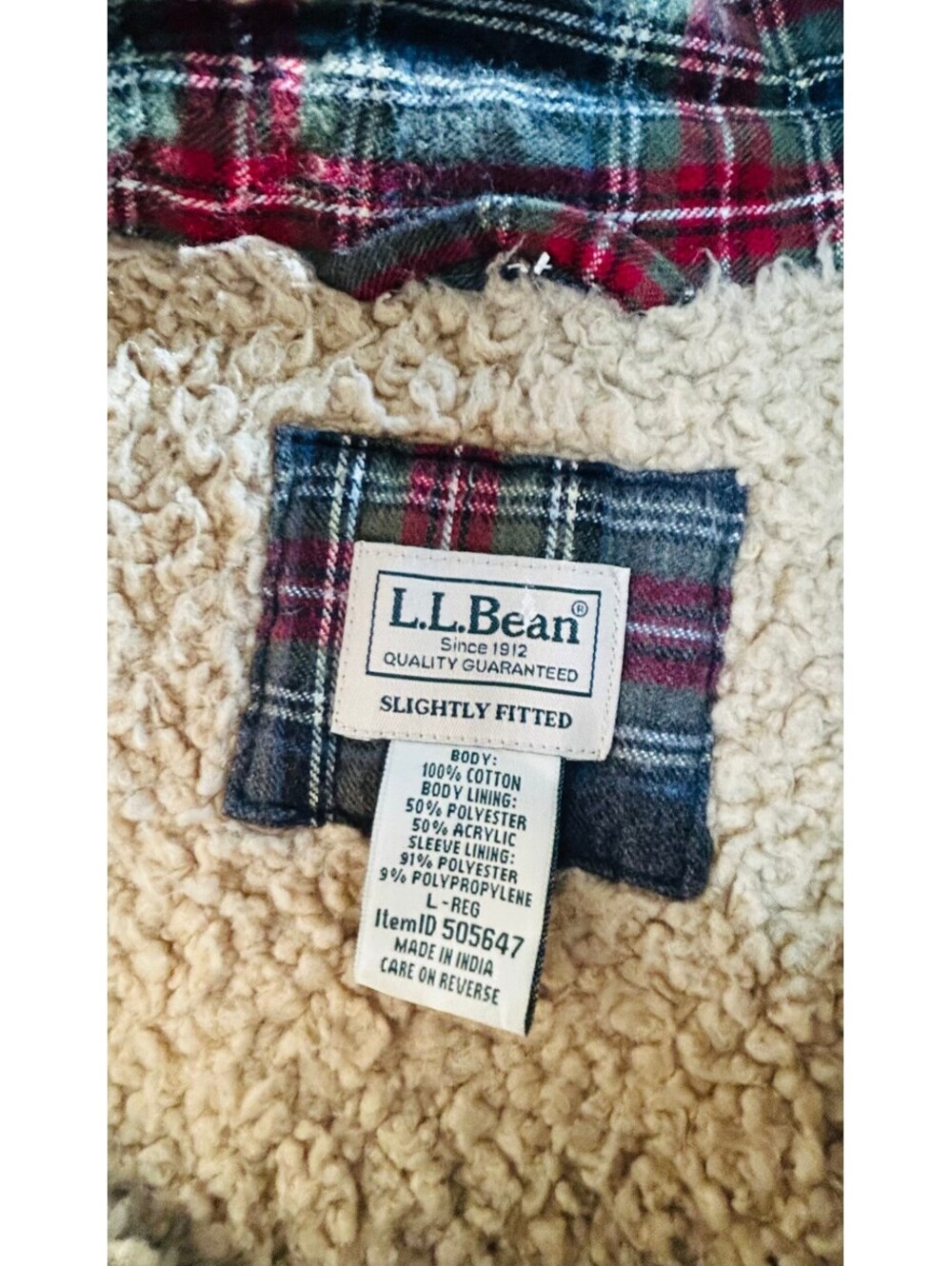 LL Bean Men L Fleece Lined Flannel Shirt Jacket Grey Red Plaid Shacket - Picture 4 of 4